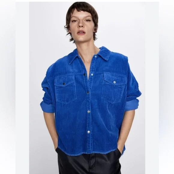 Zara Cobalt Blue Oversized Corduroy Jacket Shacket - Picture 8 of 16